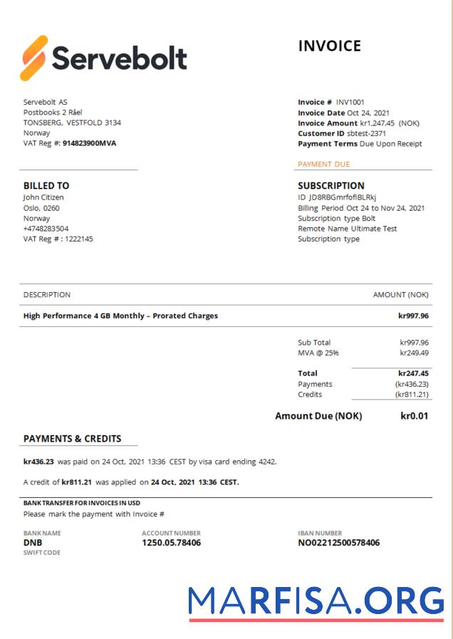 Blank Norway Servebolt high performance hosting company invoice download for verification